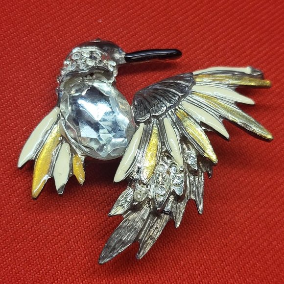 Vintage Hummingbird Crystal Chest Brooch Pin Gold Silver Tone - Picture 8 of 11